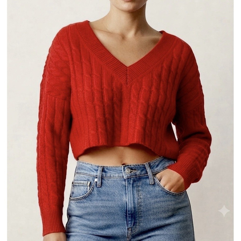 Alice + Olivia Ayden Red Cropped Cable Knit Luxury Cashmere Blend Sweater Small